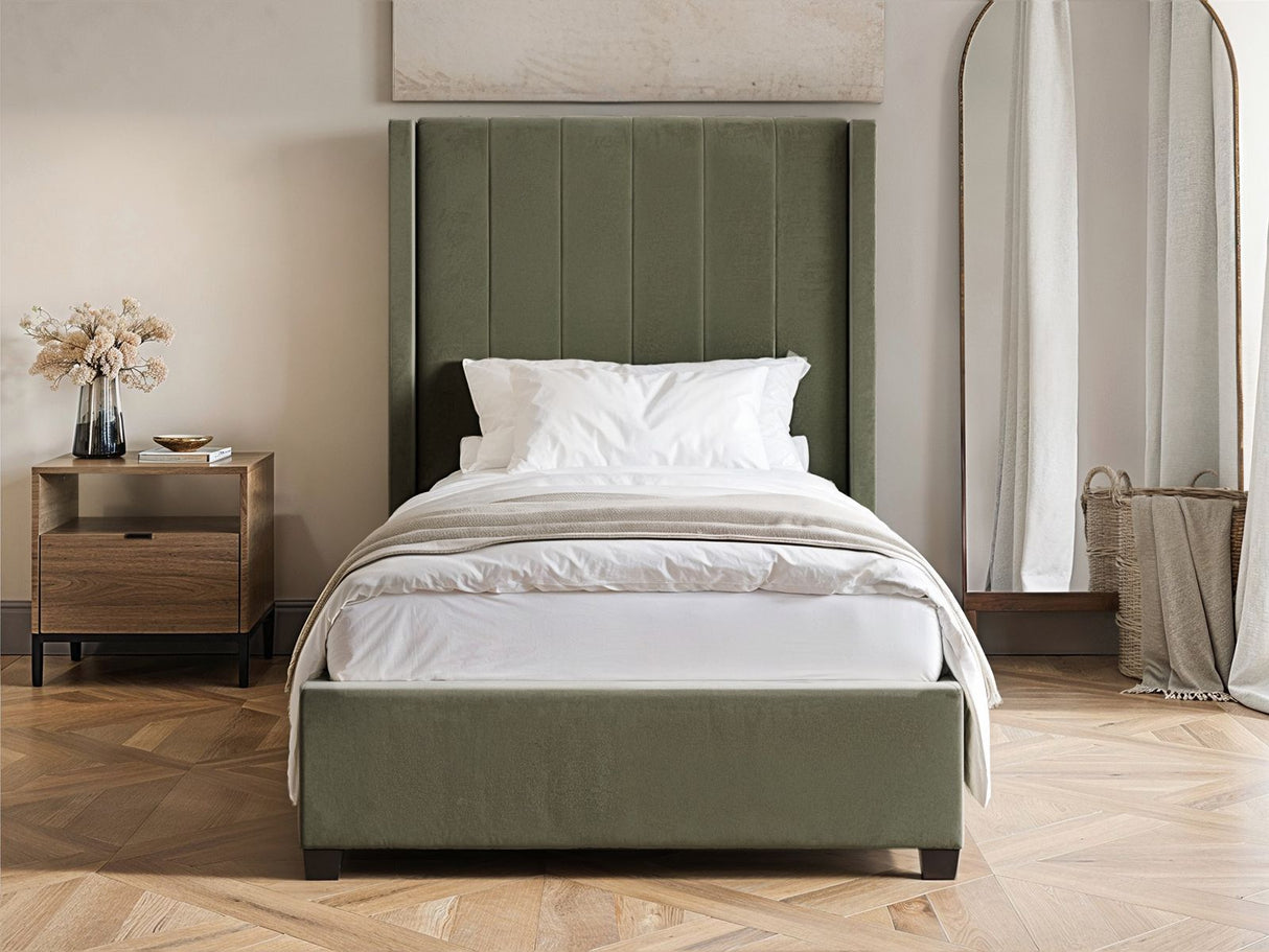 Flair Tiggy Single Ottoman Bed Velvet Khaki Green