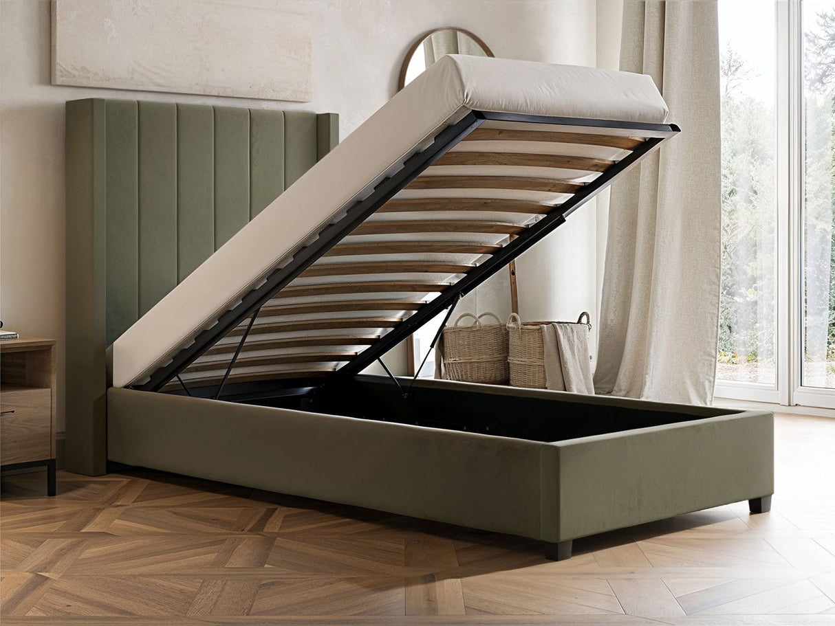 Flair Tiggy Single Ottoman Bed Velvet Khaki Green