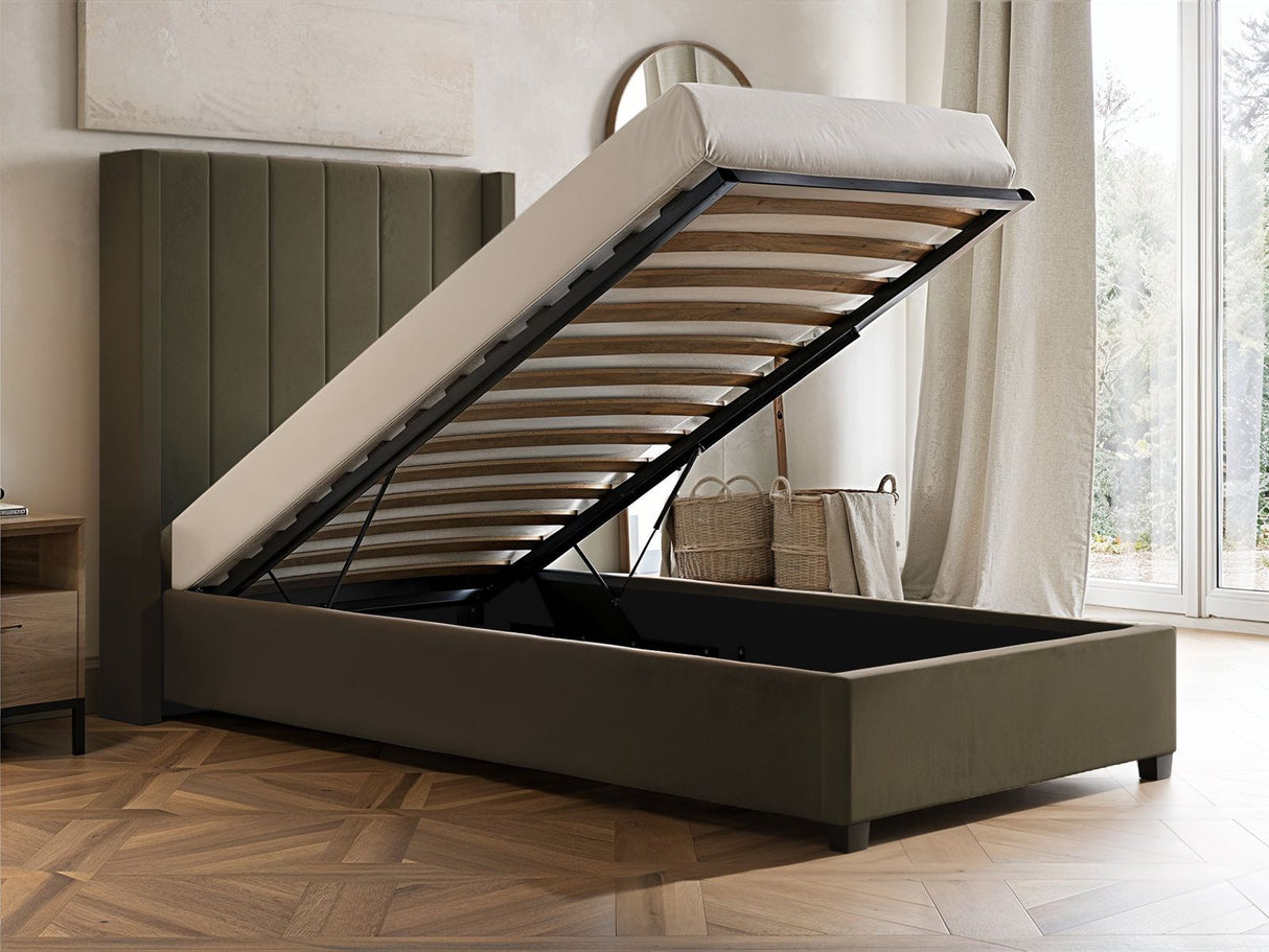 Flair Tiggy Single Ottoman Bed Velvet Khaki Green