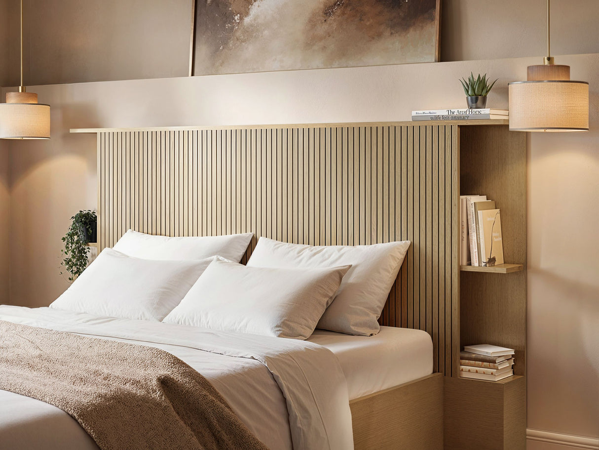 SOLACE+CO Zora Ottoman Hotel Bed with Headboard Shelves Oak Kingsize