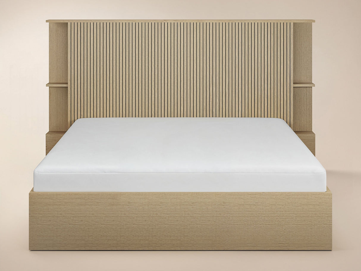 SOLACE+CO Zora Ottoman Hotel Bed with Headboard Shelves Oak Kingsize
