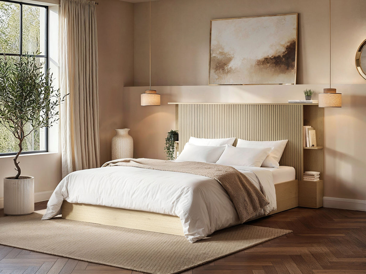 SOLACE+CO Zora Ottoman Hotel Bed with Headboard Shelves Oak Kingsize