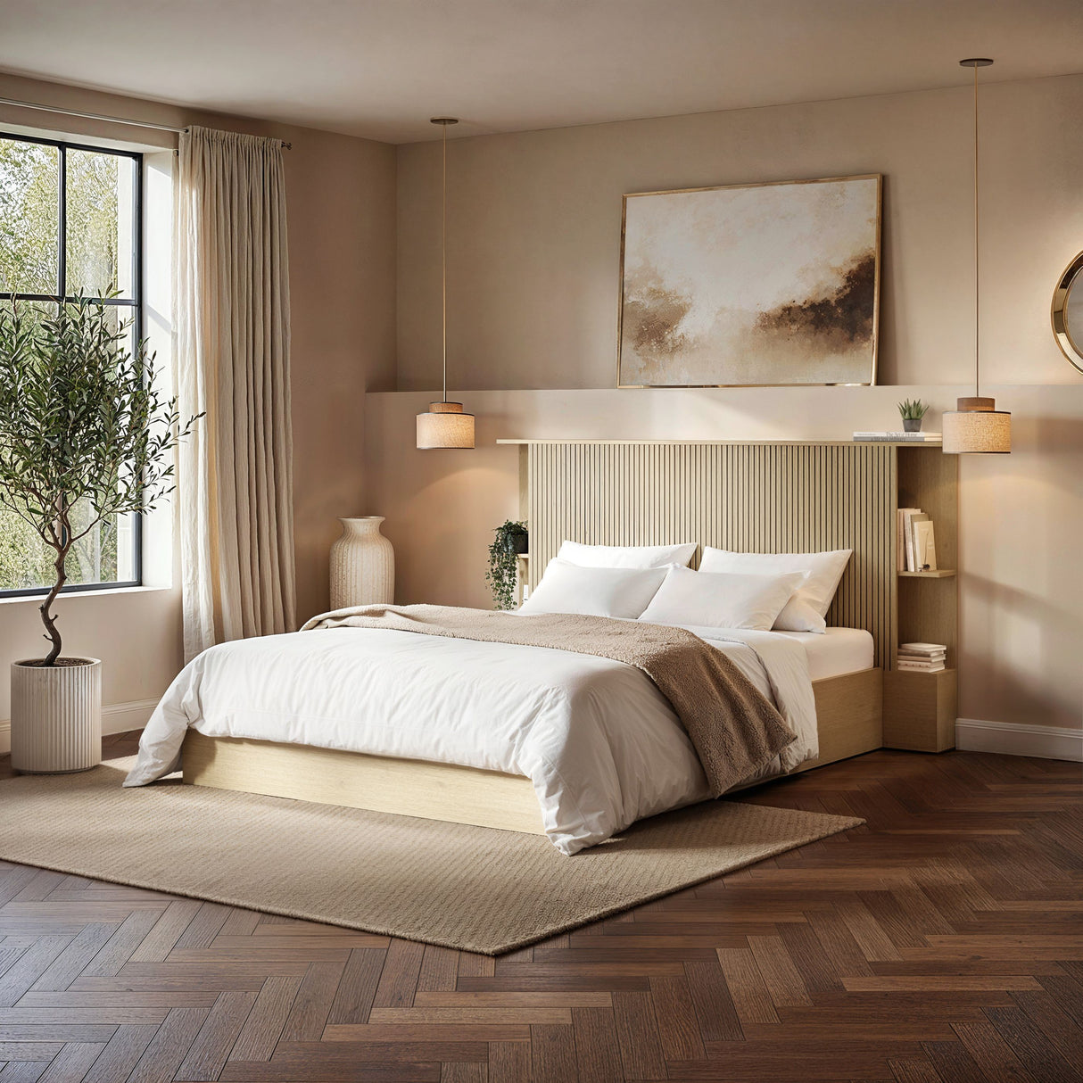 SOLACE+CO Zora Ottoman Hotel Bed with Headboard Shelves Oak Kingsize