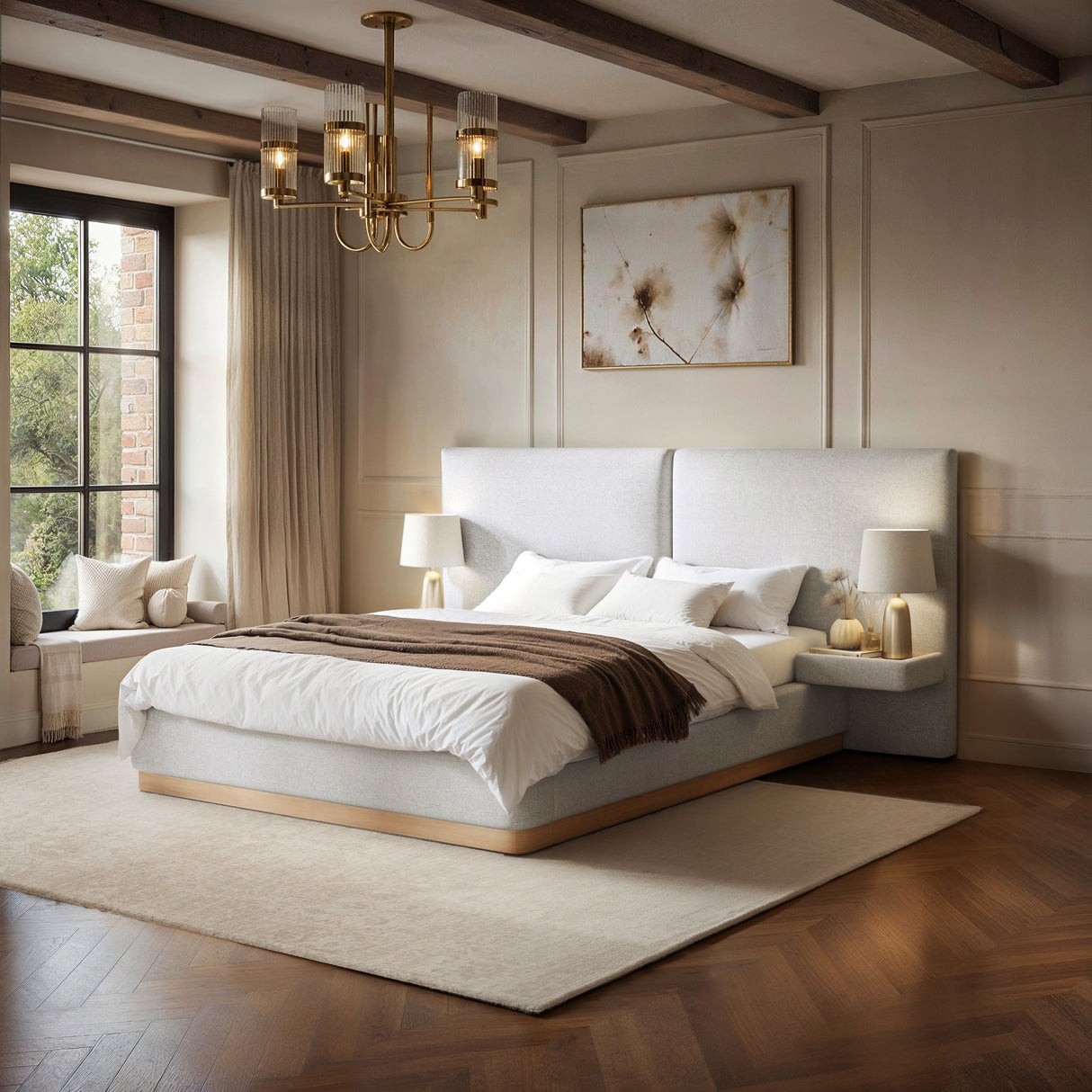 SOLACE+CO Vera Bed Frame with Integrated Bedside Tables Cream Double