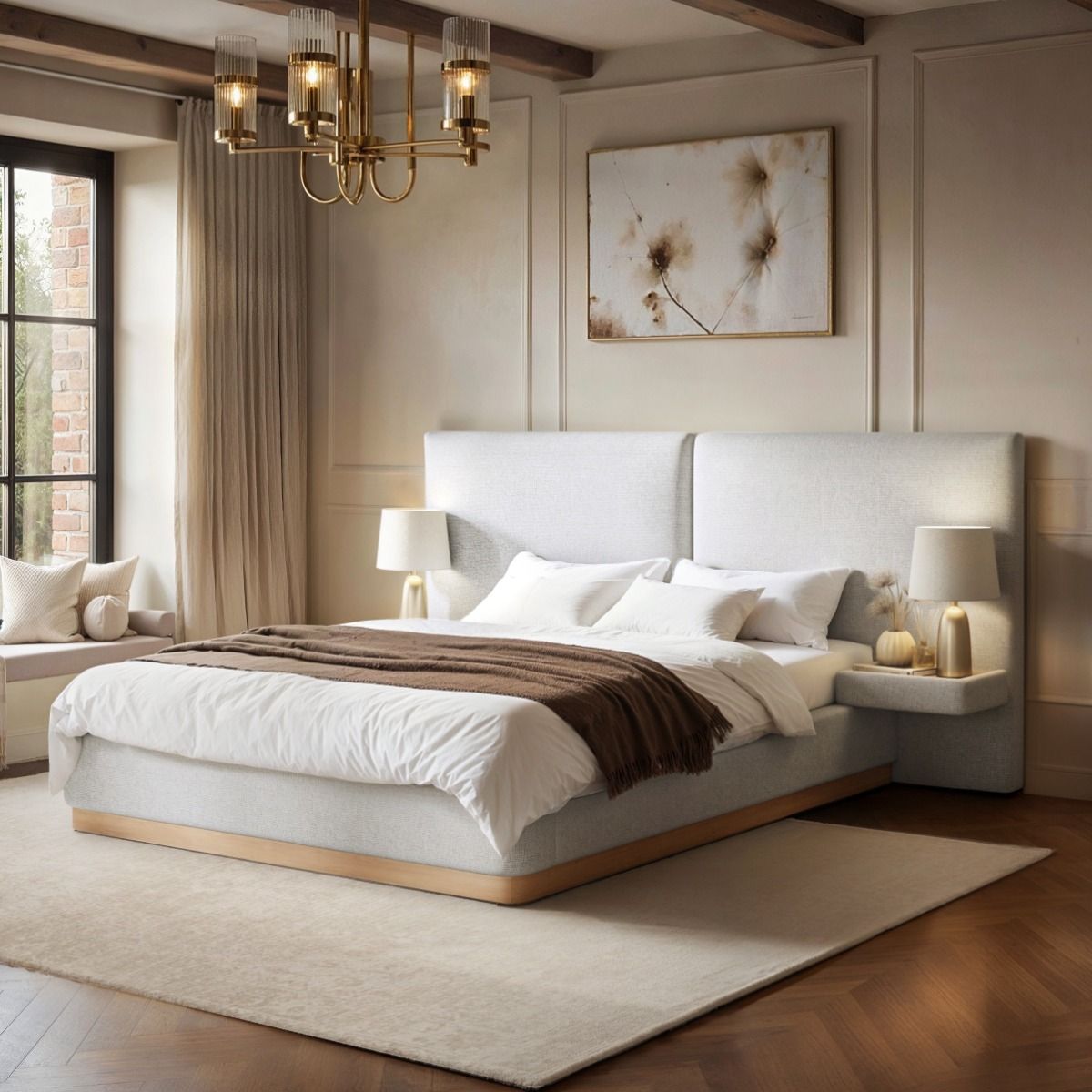 SOLACE+CO Vera Hotel Bed Frame with Integrated Bedside Tables Cream Kingsize