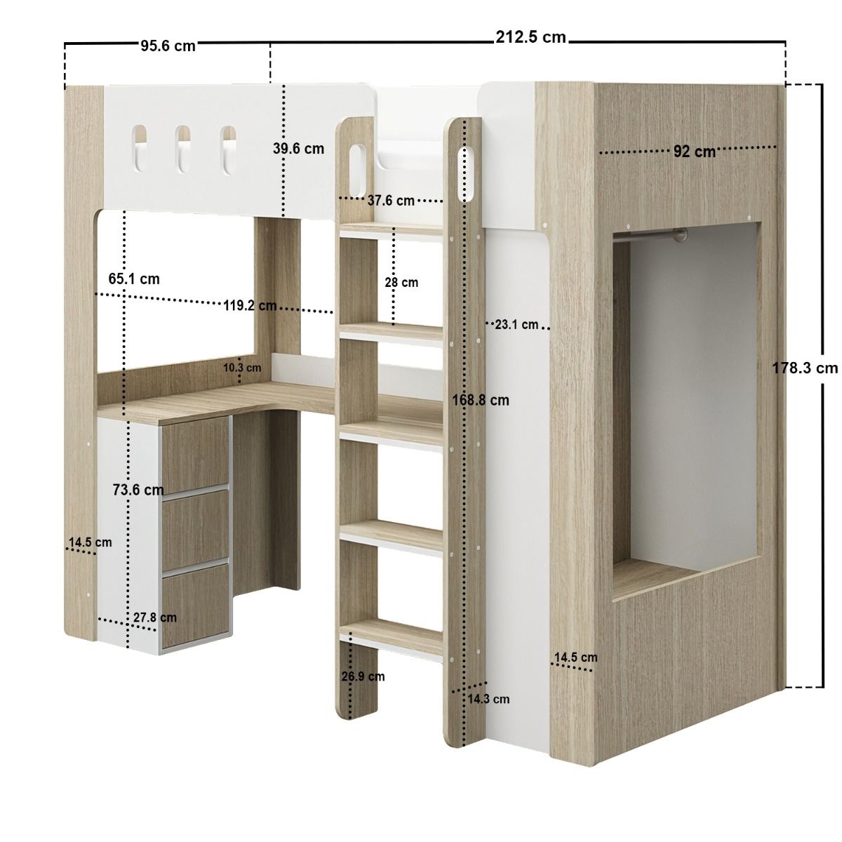Flair Willow High Sleeper with Desk & Storage White & Oak