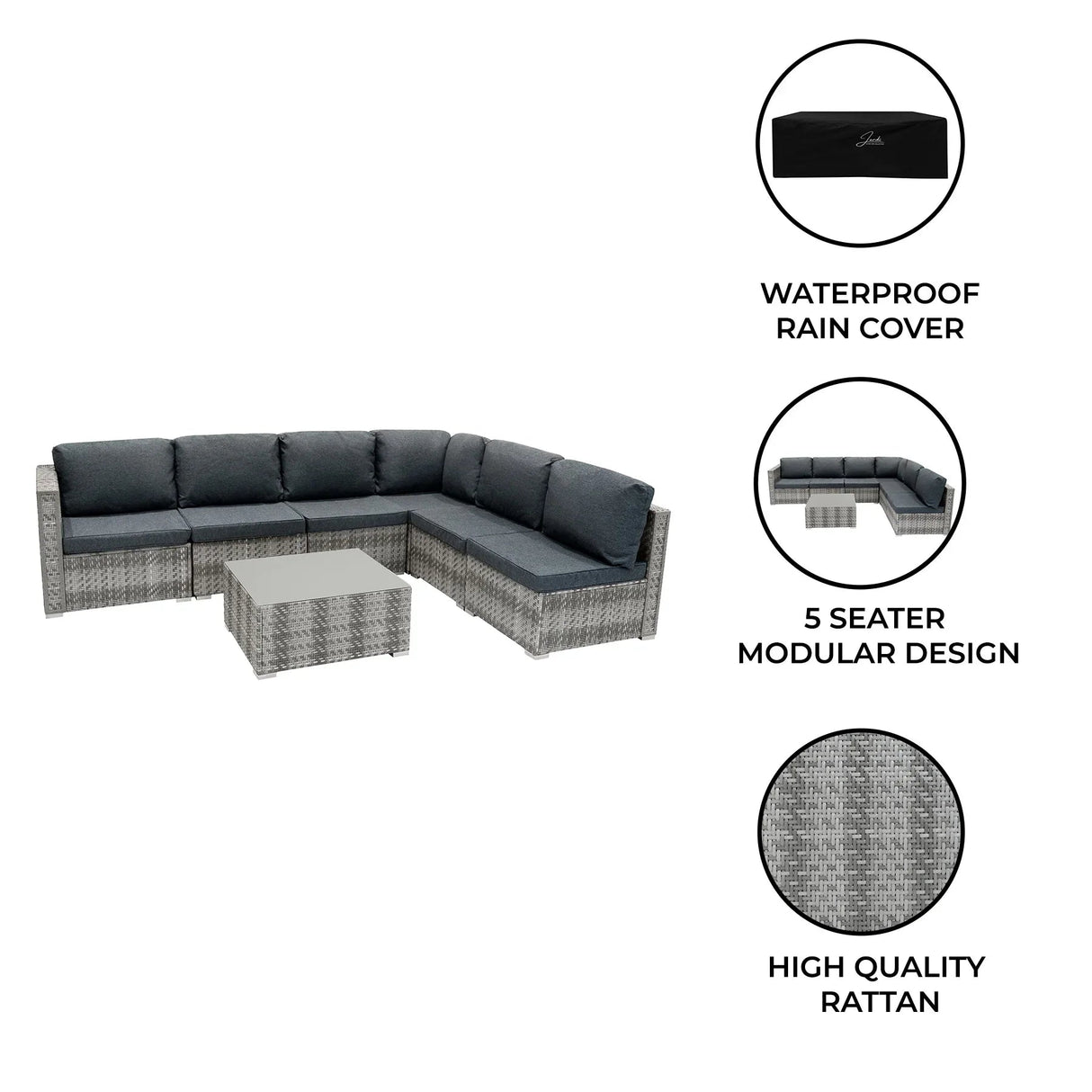Rattan Modular 7 Piece Furniture Set - Grey