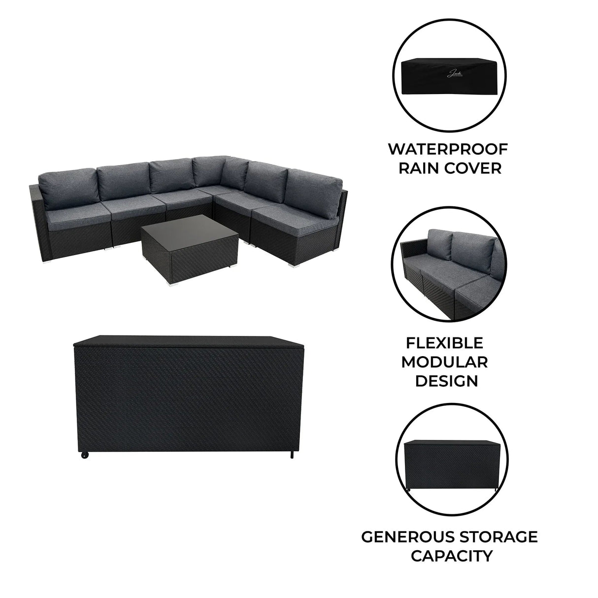 Rattan Modular 7 Piece Furniture Set & 700L Storage Box - Black