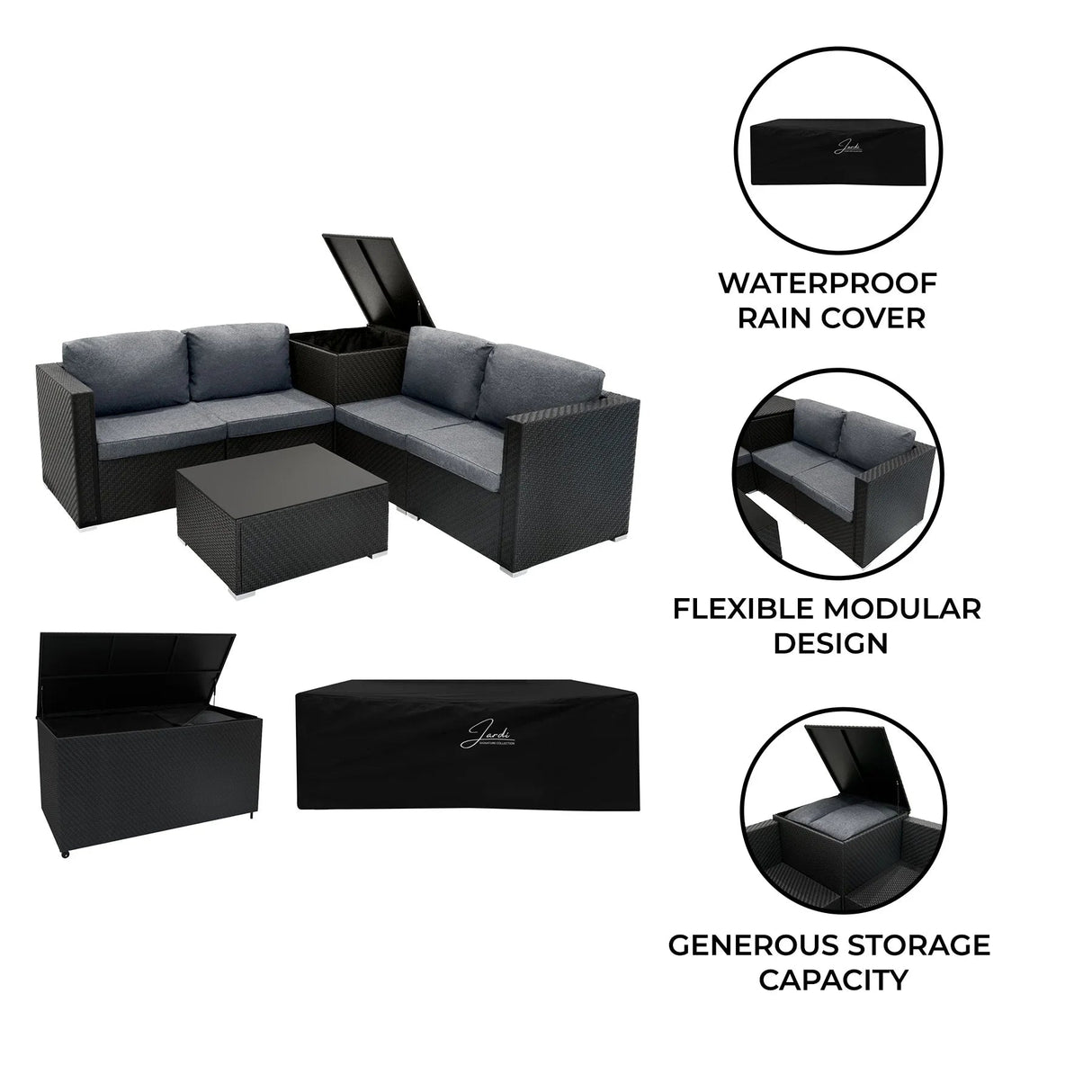 Rattan Modular 6 Piece Furniture Set & 700L Storage Box – Black