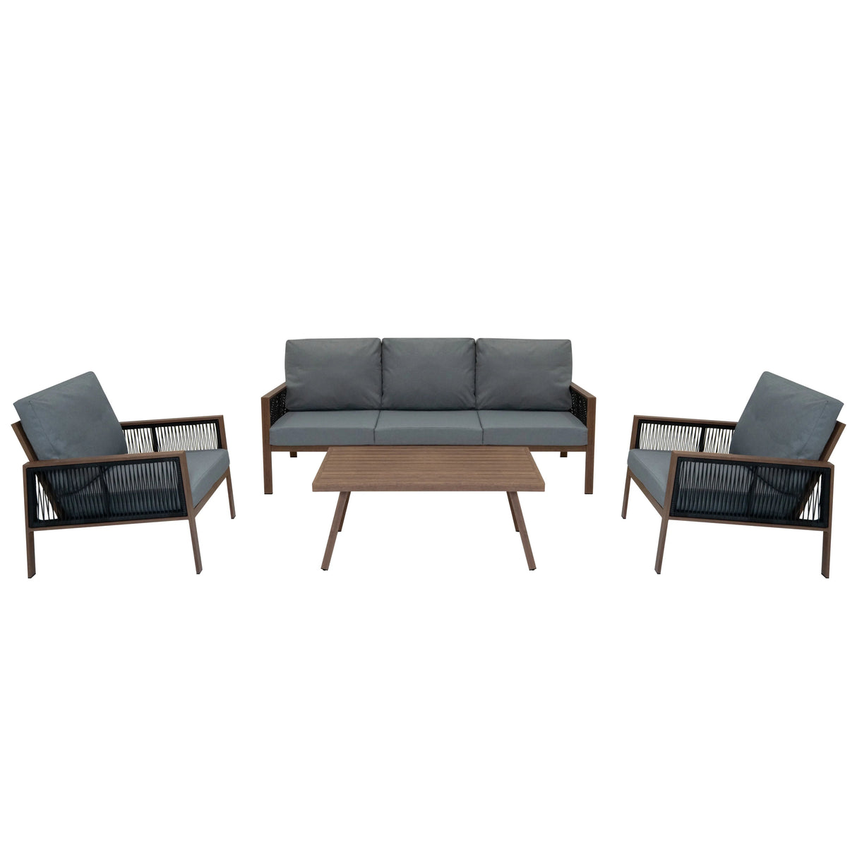 Aluminium 4 Piece Sofa Set with Black Rattan Storage Box - Wood Effect