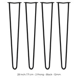 4 x 28" Hairpin Legs - 2 Prong - 12mm - Black