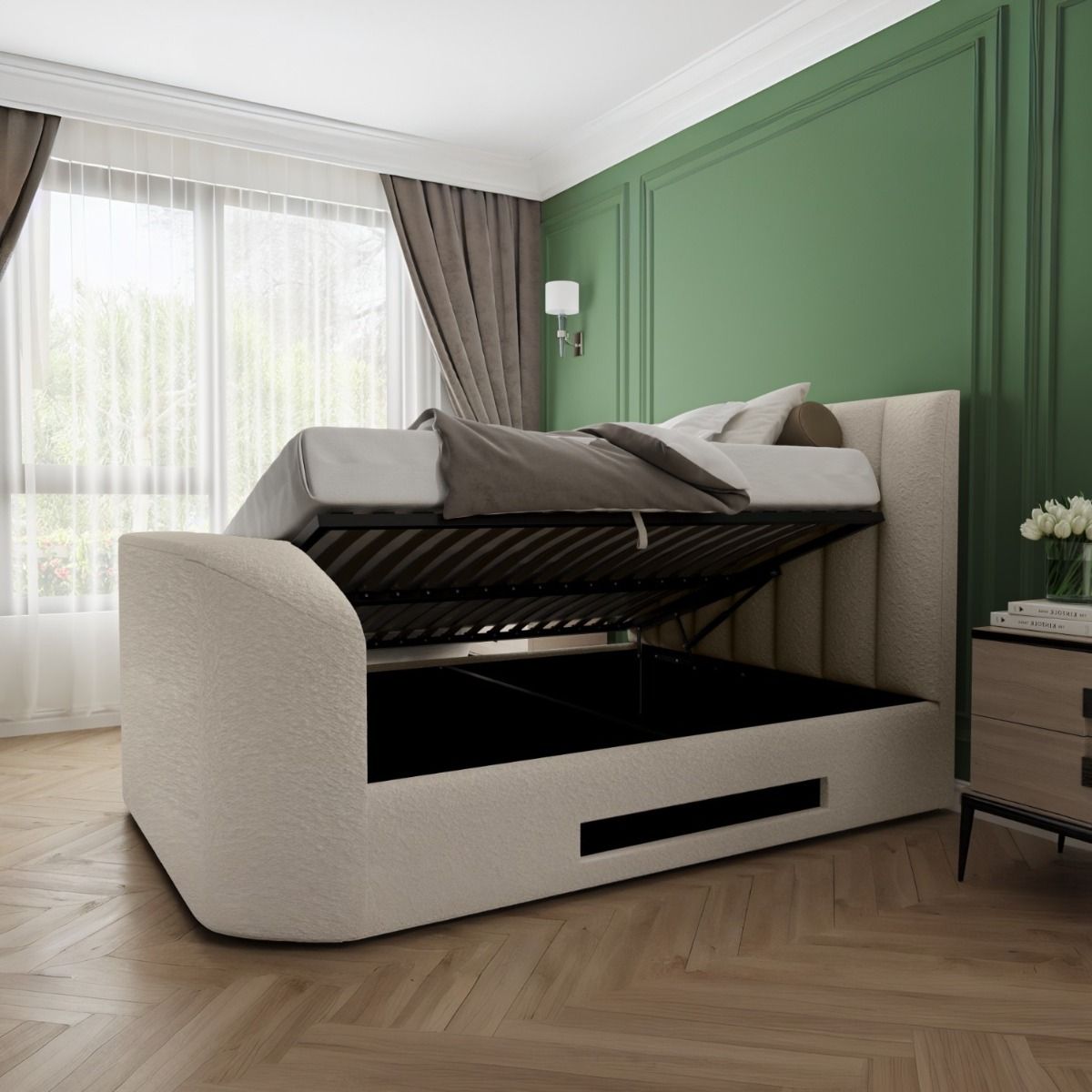 Flair Megane Kingsize Side Lift TV Ottoman Bed Cream Boucle