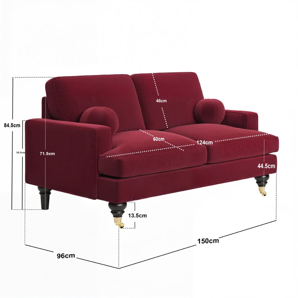 SOLACE+CO Addison 2 Seater Sofa with Caster Legs Burgundy Velvet