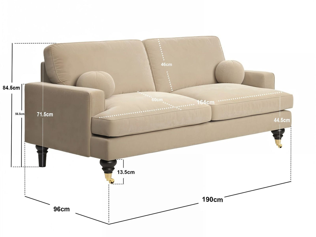 SOLACE+CO Addison 3 Seater Sofa with Caster Legs Beige Velvet