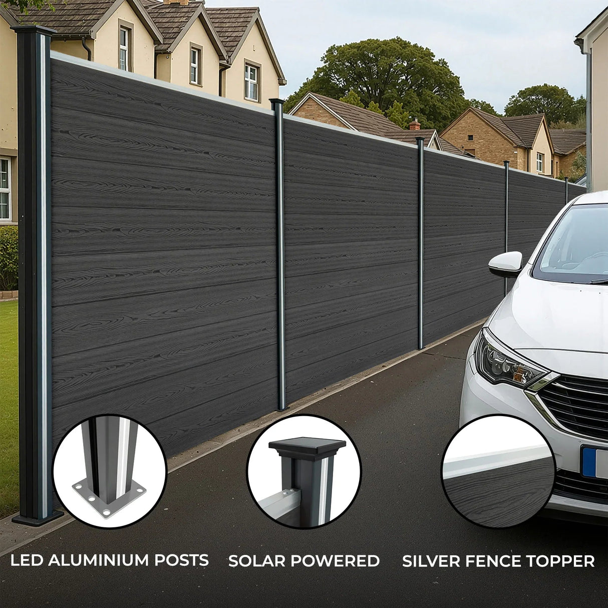 Composite Fence Panels, Angled Piece & LED Posts 6ft x 49ft - Grey