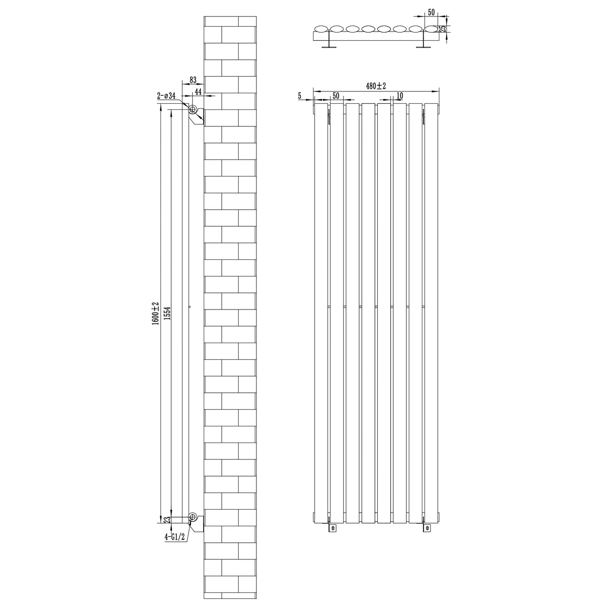 Oval Single Column Radiator & Valves – 1600mm x 480mm – White