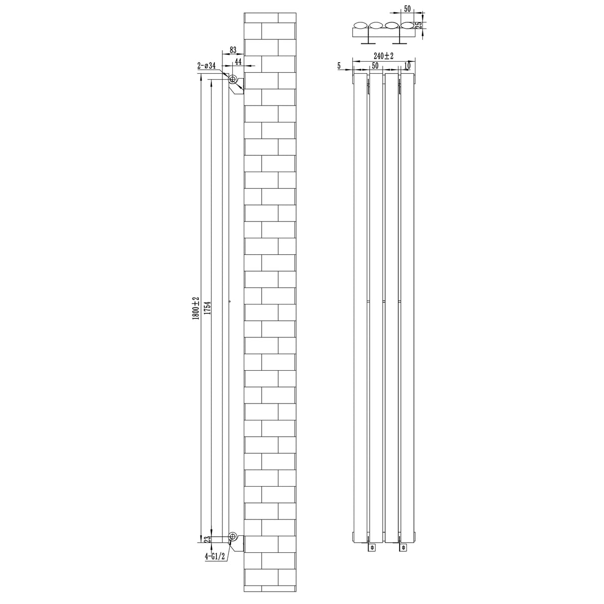 Oval Single Column Radiator & Valves – 1800mm x 240mm – Anthracite Grey