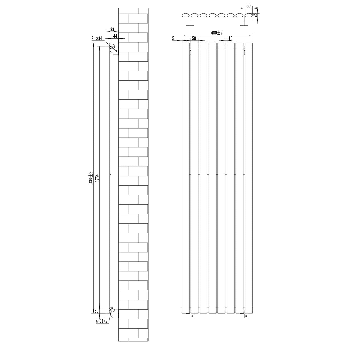 Oval Single Column Radiator & Valves – 1800mm x 480mm – Black