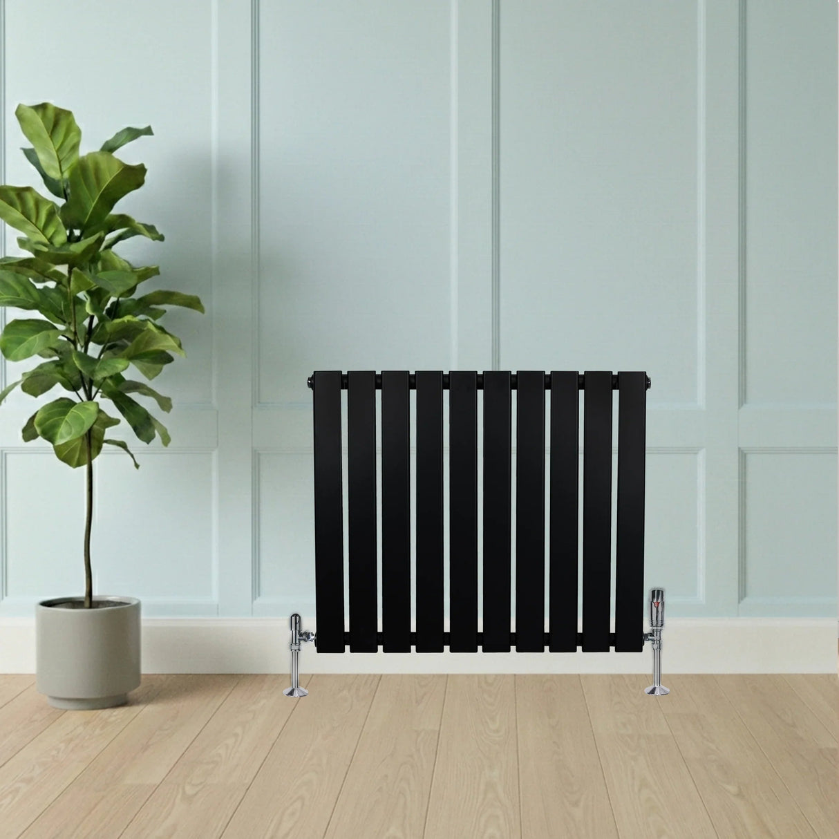 Flat Single Column Radiator & Valves – 600mm x 700mm – Black
