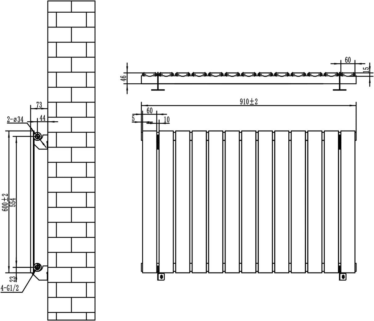 Flat Single Column Radiator & Valves – 600mm x 910mm – Anthracite Grey