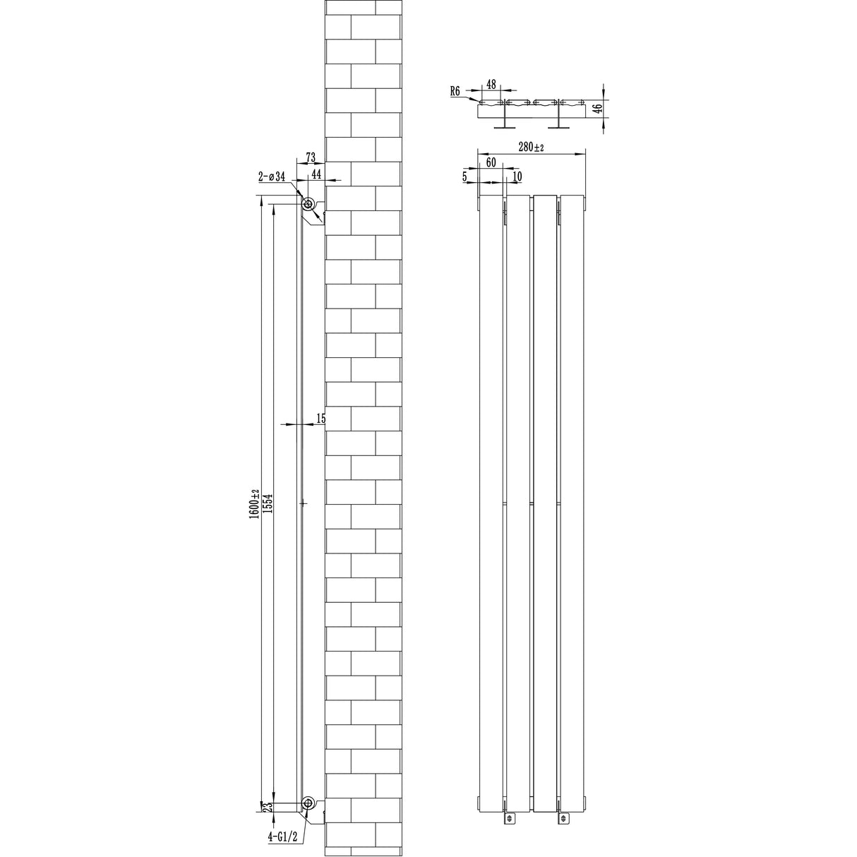 Flat Single Column Radiator & Valves – 1600mm x 280mm – Anthracite Grey