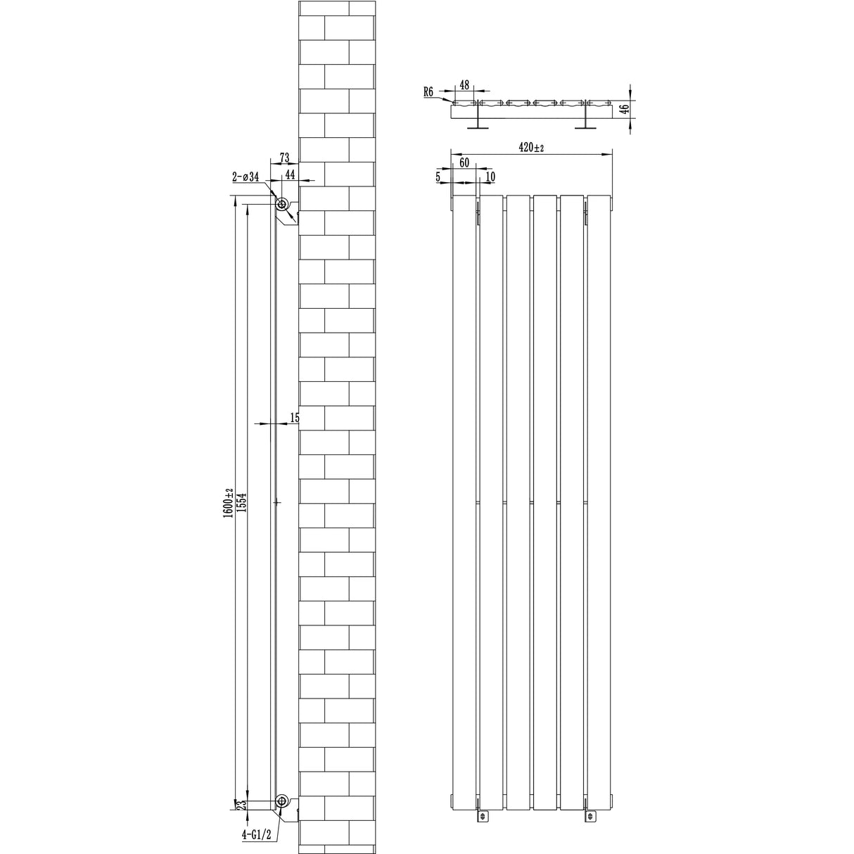 Flat Single Column Radiator & Valves – 1600mm x 420mm – Anthracite Grey