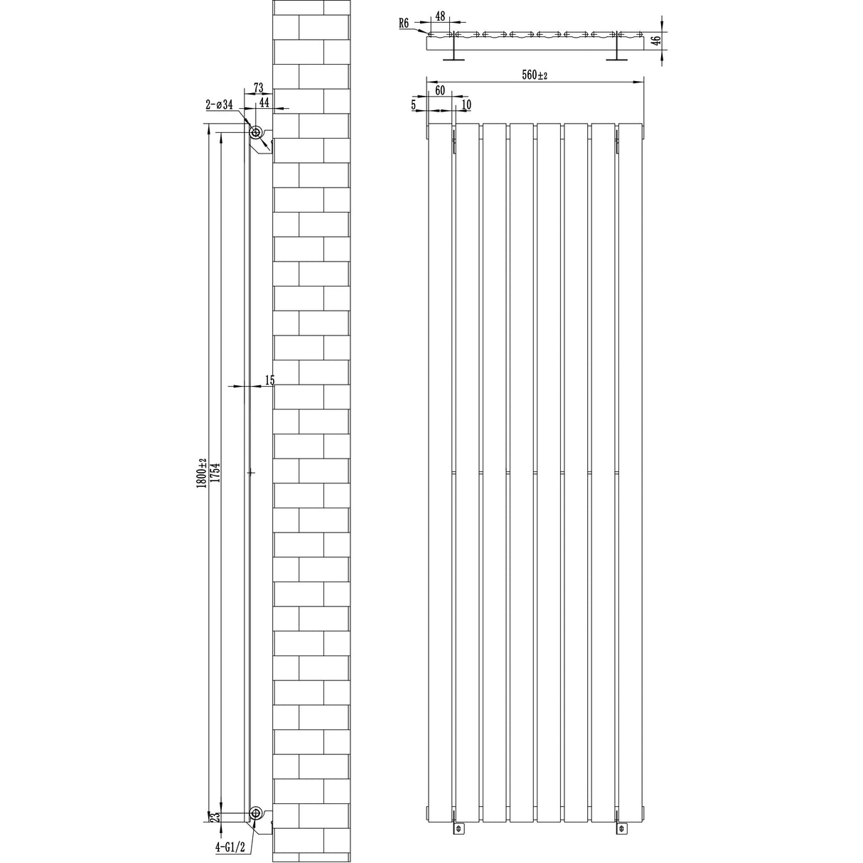Flat Single Column Radiator & Valves – 1800mm x 560mm – Anthracite Grey