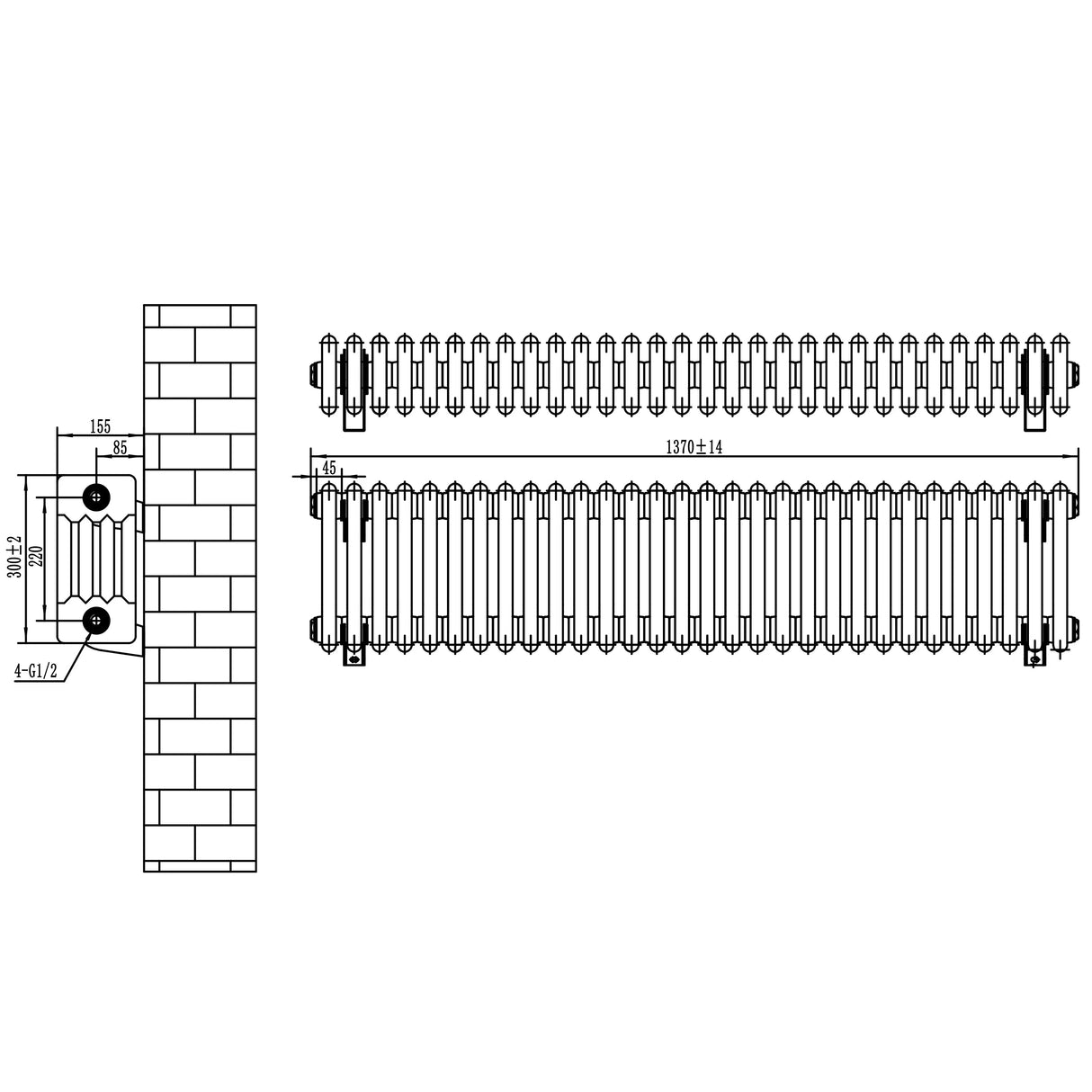 Traditional 4 Column Radiator & Valves - 300 x 1370mm - Anthracite Grey