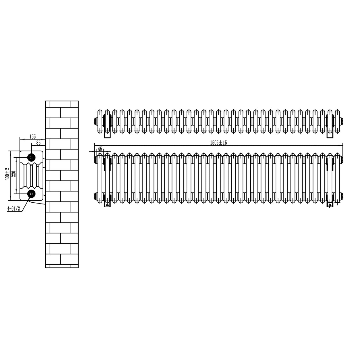 Traditional 4 Column Radiator & Valves - 300 x 1505mm - White