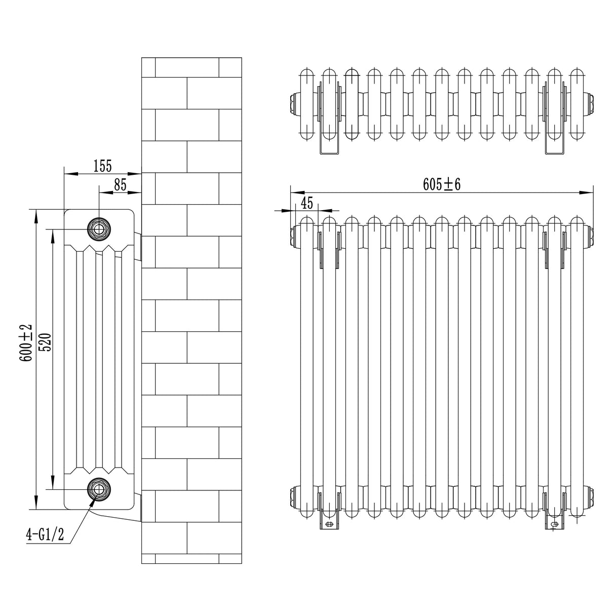 Traditional 4 Column Radiator & Valves - 600 x 605mm - White
