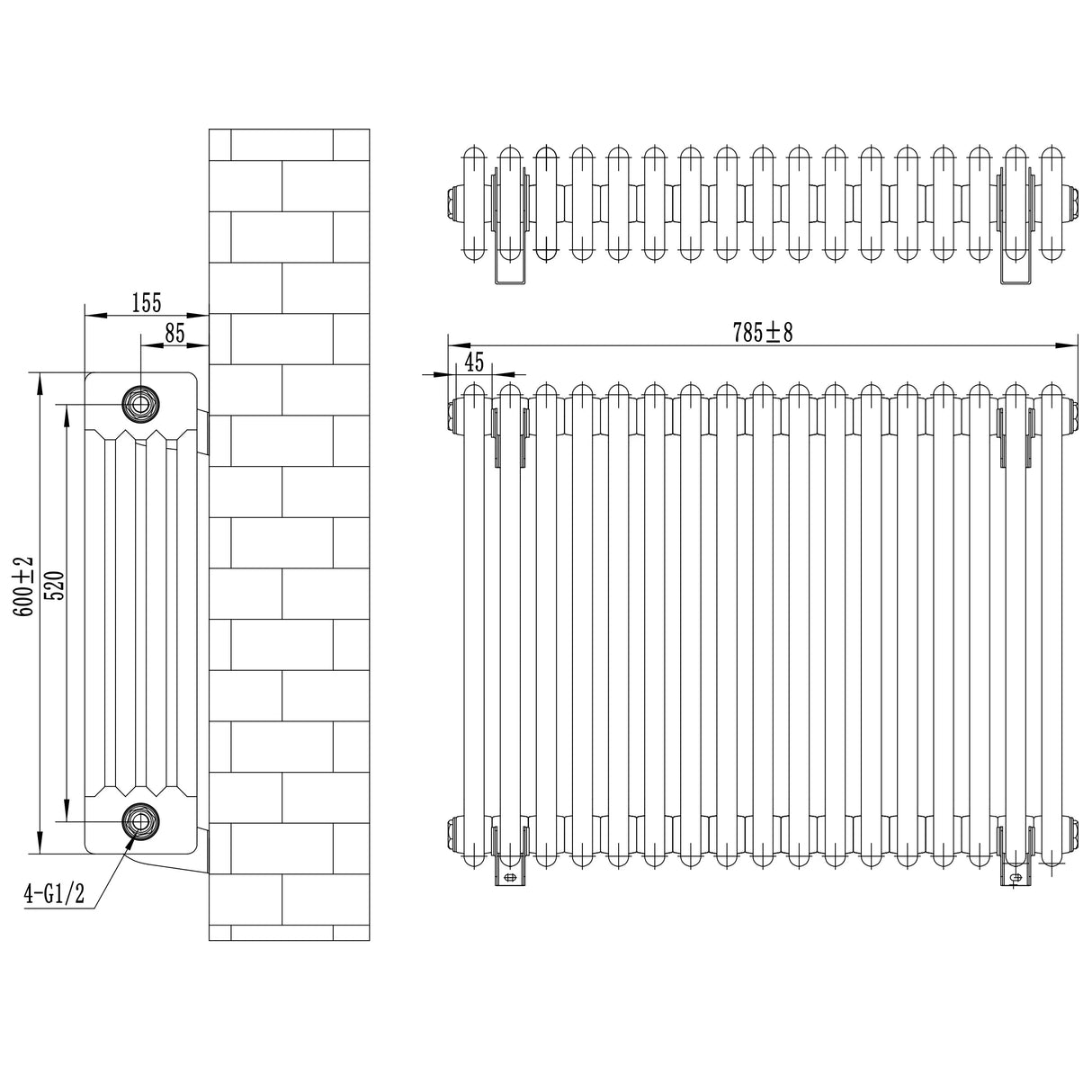 Traditional 4 Column Radiator & Valves - 600 x 785mm - Black