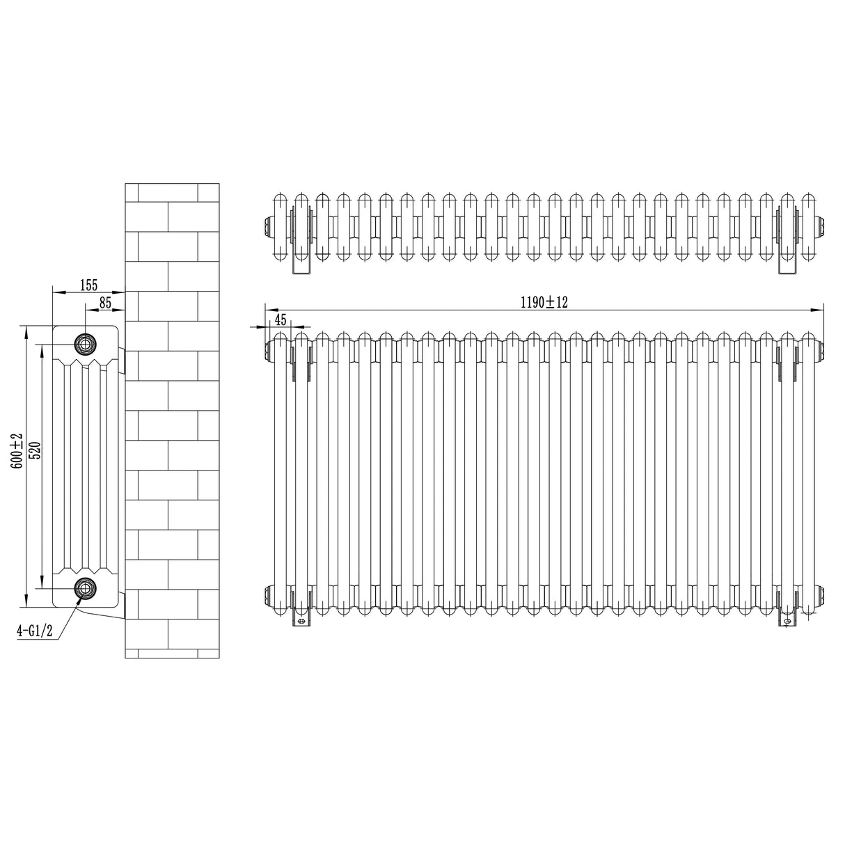 Traditional 4 Column Radiator & Valves - 600 x 1190mm - Black