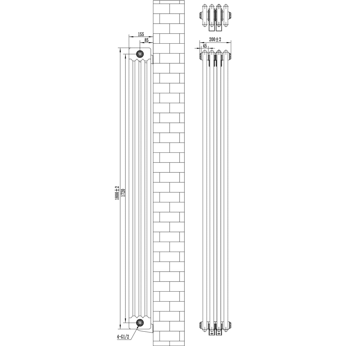 Traditional 4 Column Radiator & Valves - 1800 x 200mm - Anthracite Grey