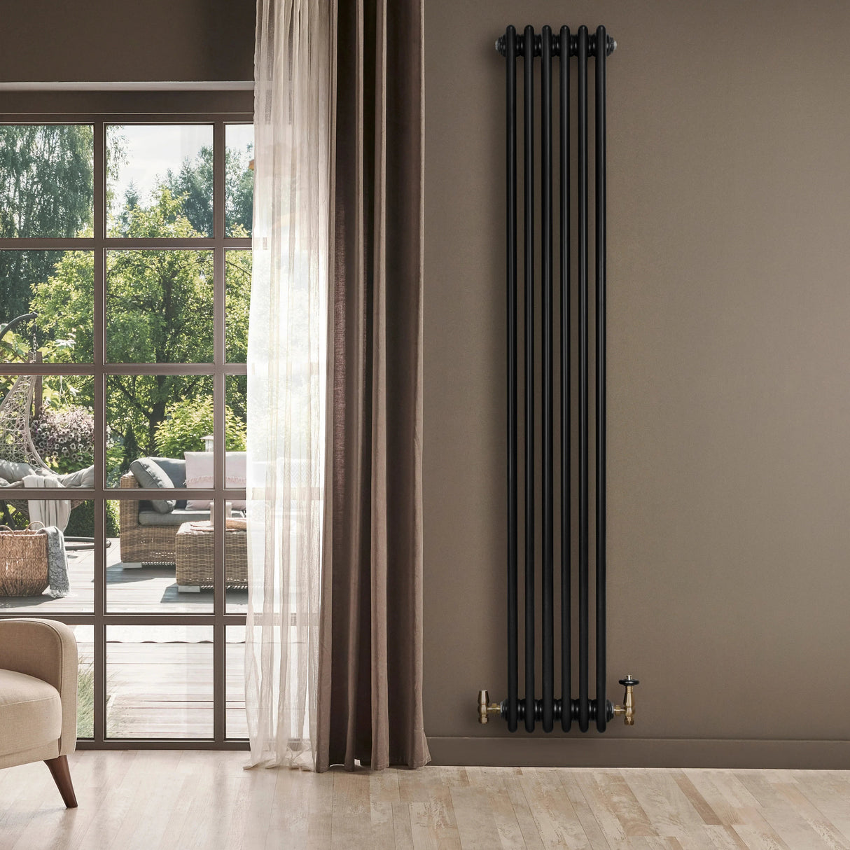 Traditional 4 Column Radiator & Valves - 1800 x 290mm - Black