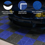 Vented Garage Floor Tiles With Edges – 60 Black & 60 Blue