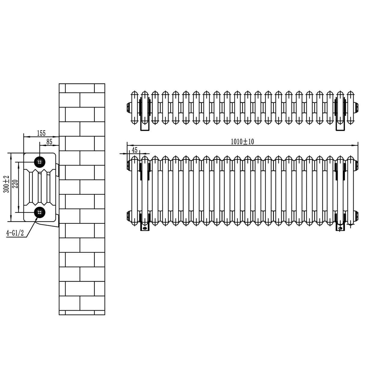 Traditional 4 Column Radiator - 300 x 1010mm - White