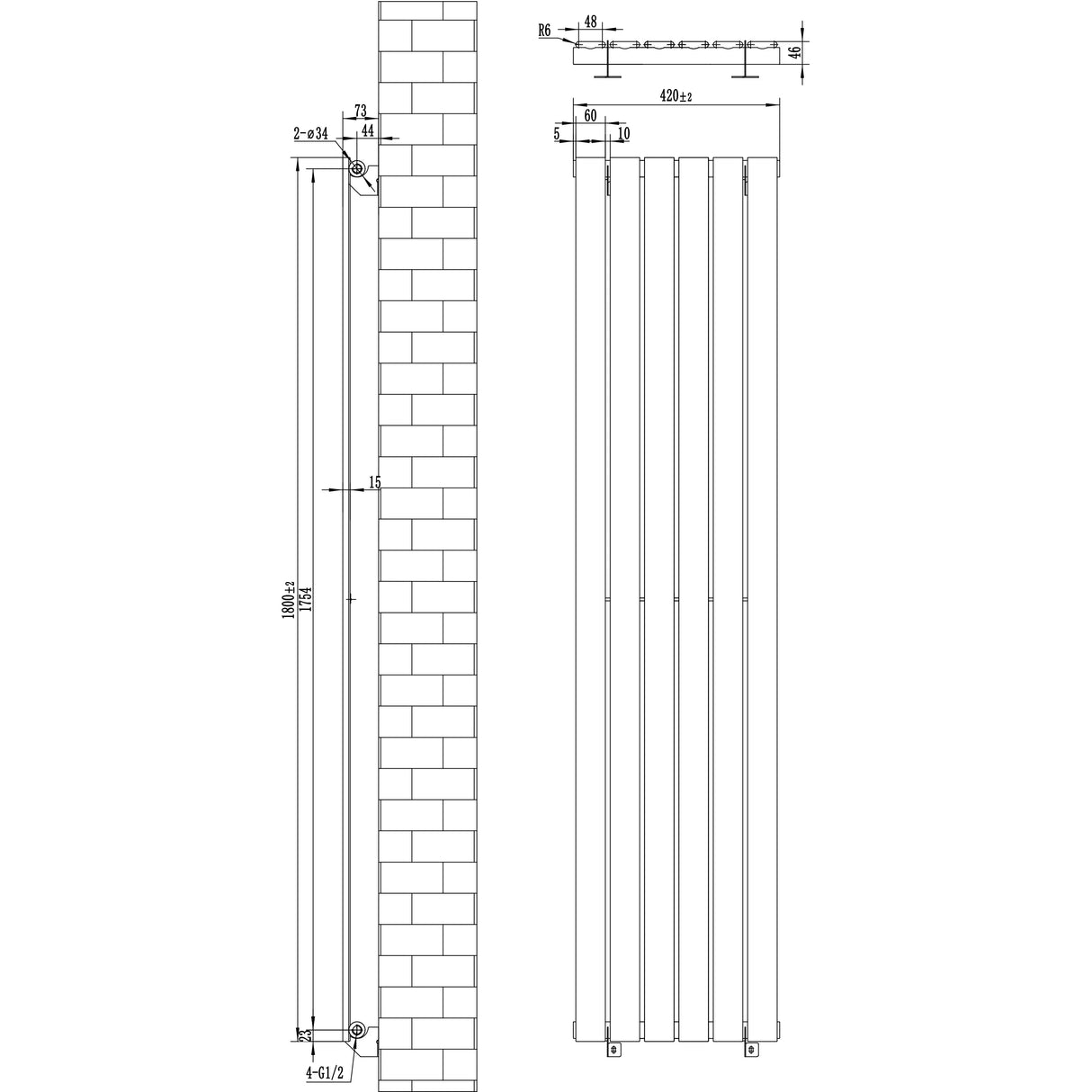 Flat Single Column Radiator - 1800 x 420mm - Black