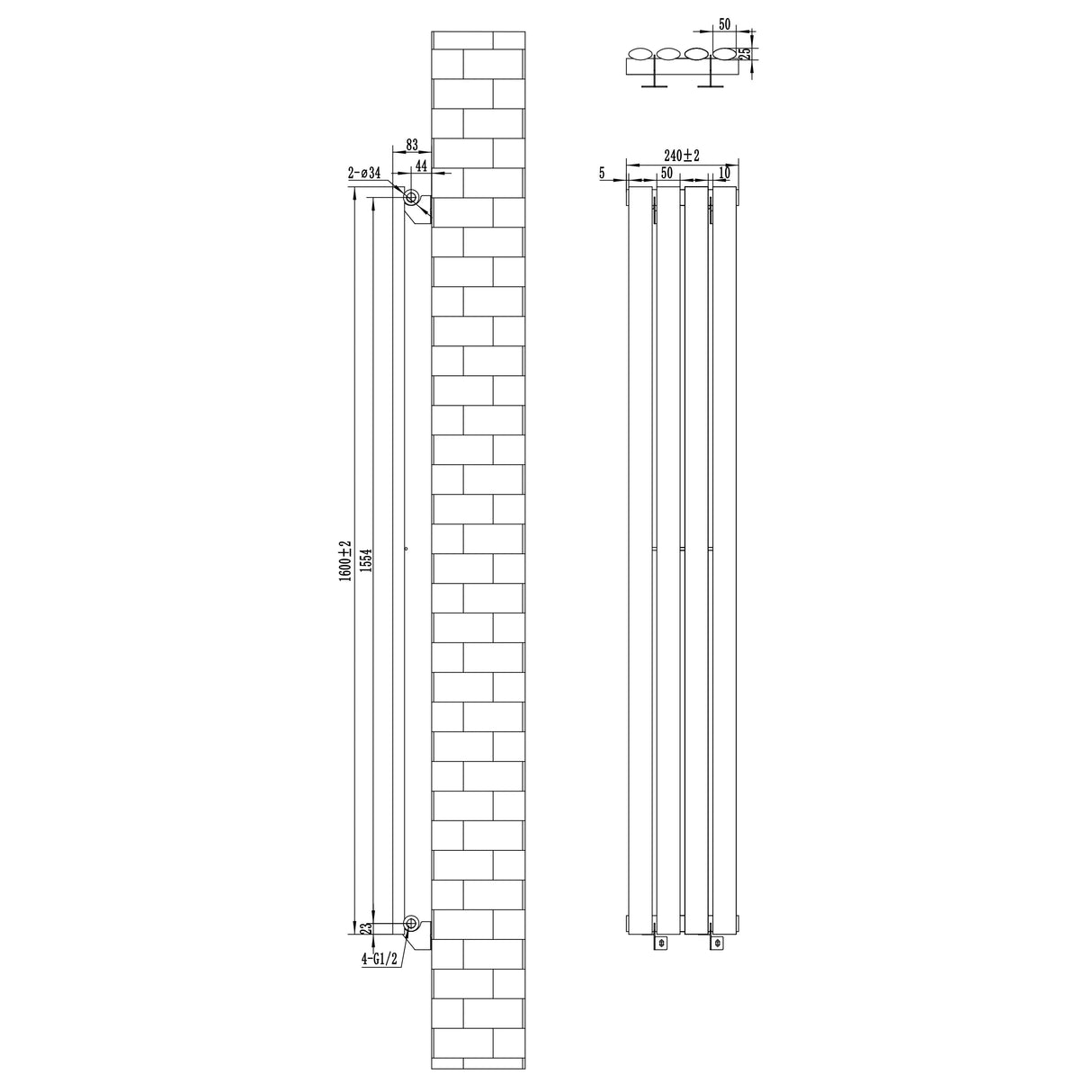 Oval Single Column Radiator - 1600 x 240mm - Anthracite Grey