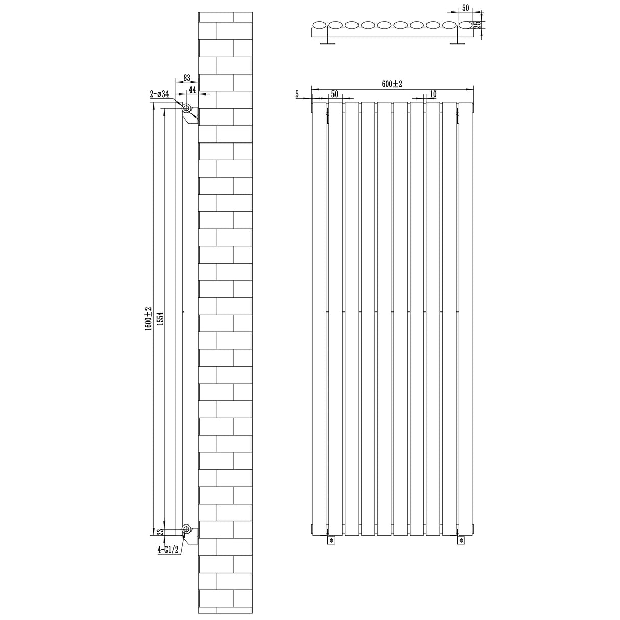 Oval Single Column Radiator - 1600 x 600mm - Anthracite Grey
