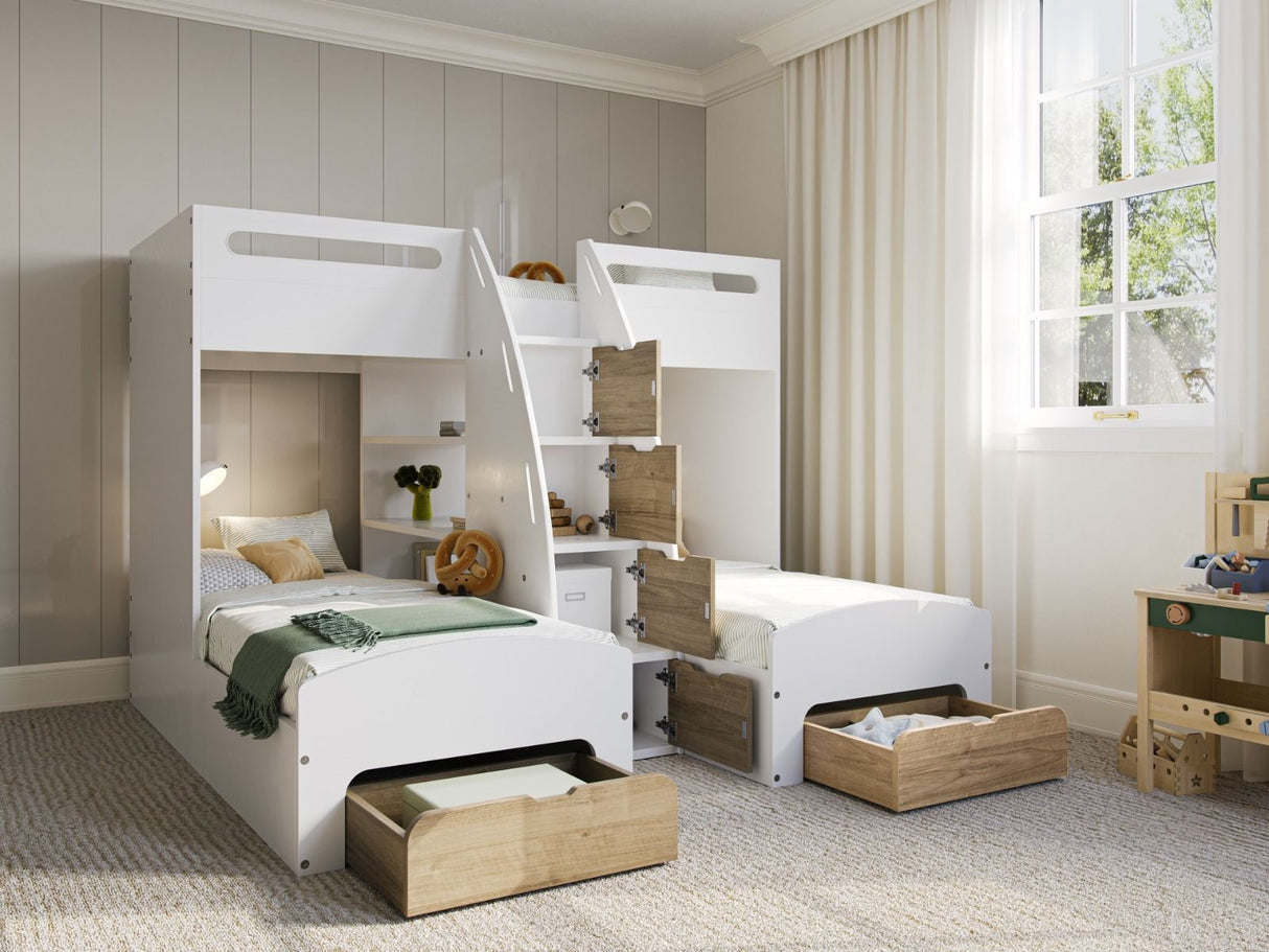 Flair Eddie Staircase Triple Bunk Bed with Storage White & Oak