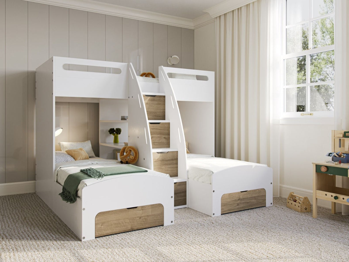 Flair Eddie Staircase Triple Bunk Bed with Storage White & Oak