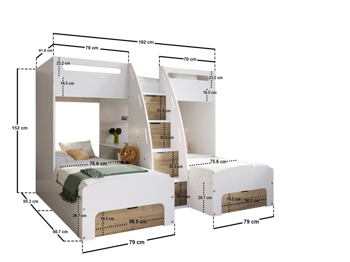 Flair Eddie Staircase Triple Bunk Bed with Storage White & Oak