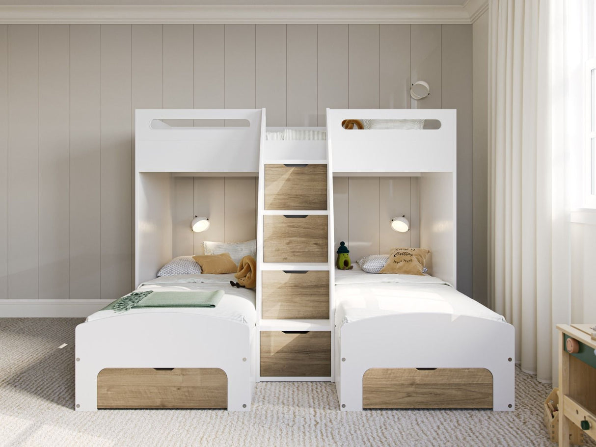 Flair Eddie Staircase Triple Bunk Bed with Storage White & Oak