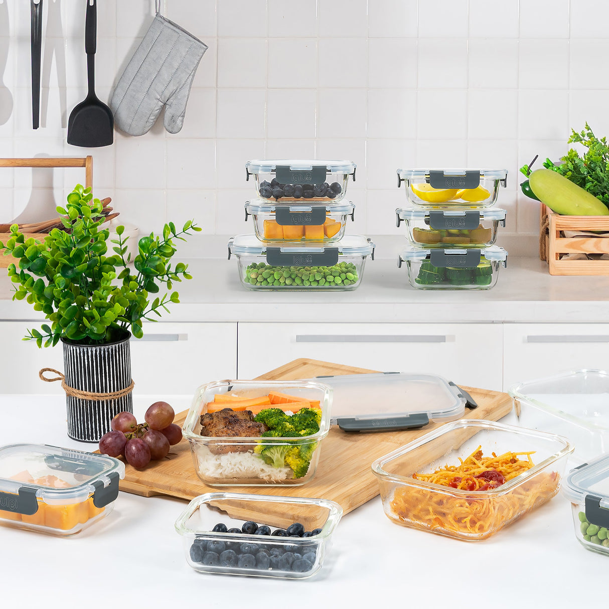 Glass Food Storage Containers in 2 sizes - 1050ml and 370ml - 10 PACK