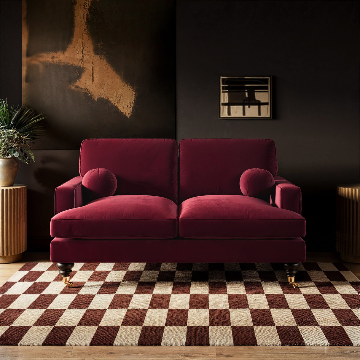 SOLACE+CO Addison 2 Seater Sofa with Caster Legs Burgundy Velvet