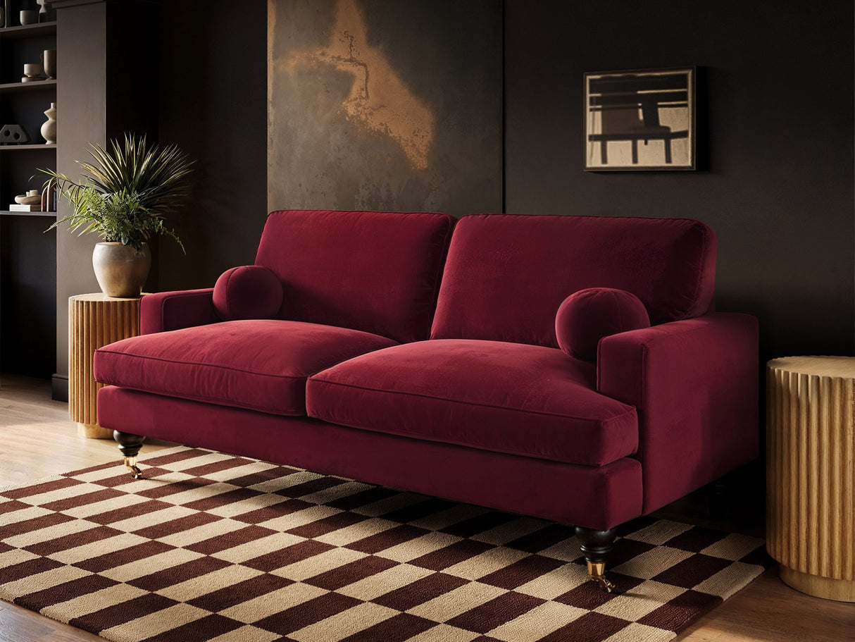 SOLACE+CO Addison 3 Seater Sofa with Caster Legs Burgundy Velvet
