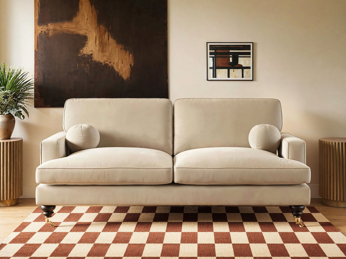 SOLACE+CO Addison 3 Seater Sofa with Caster Legs Beige Velvet