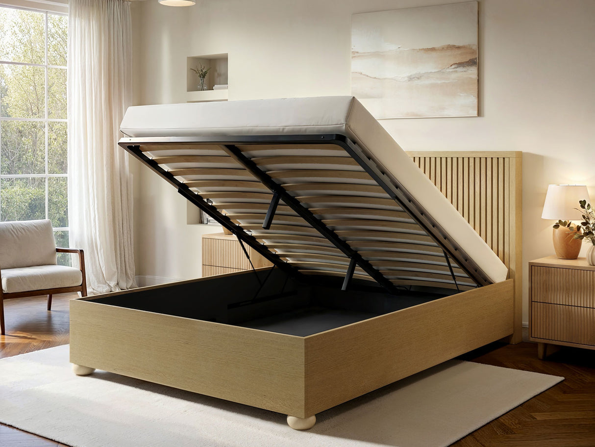SOLACE+CO Theo Ribbed Ottoman Bed Light Wood-Kingsize