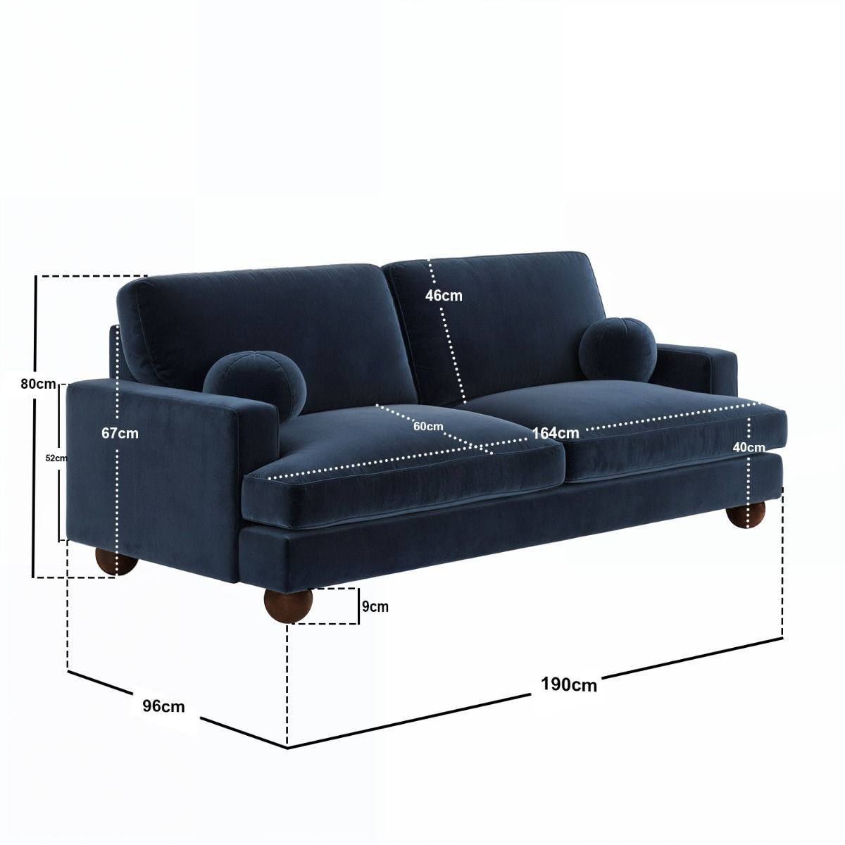 SOLACE+CO Addison 3 Seater Blue Velvet Sofa