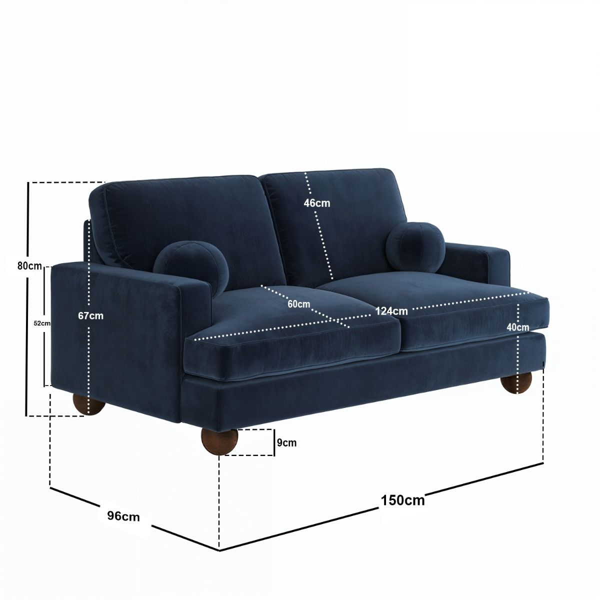 SOLACE+CO Addison 2 Seater Sofa with Caster Legs Blue Velvet